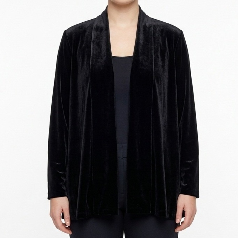 R&K Evening Cardigan Womens 12 Black Velvet Shawl Collar Open Front